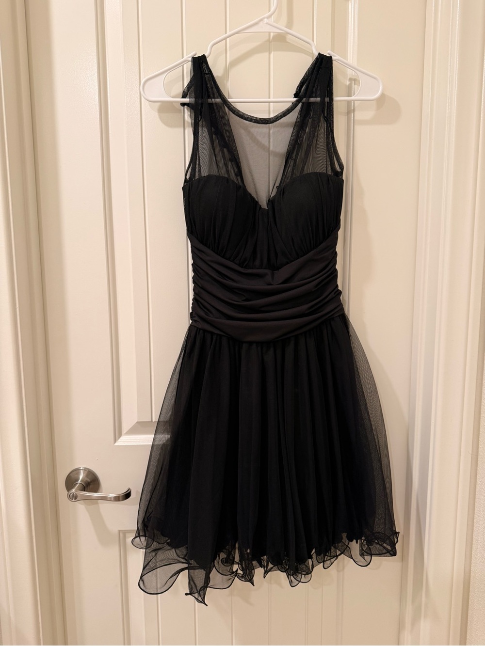 Black Mesh A-Line Mini Dress with Ruched Waist